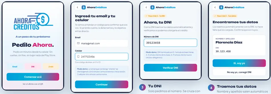 Pantallas del registro de Ahora Créditos